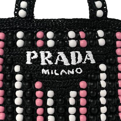 Prada Raffia Wood Bead Embroidered Logo Tote Bag Black 7 of 10