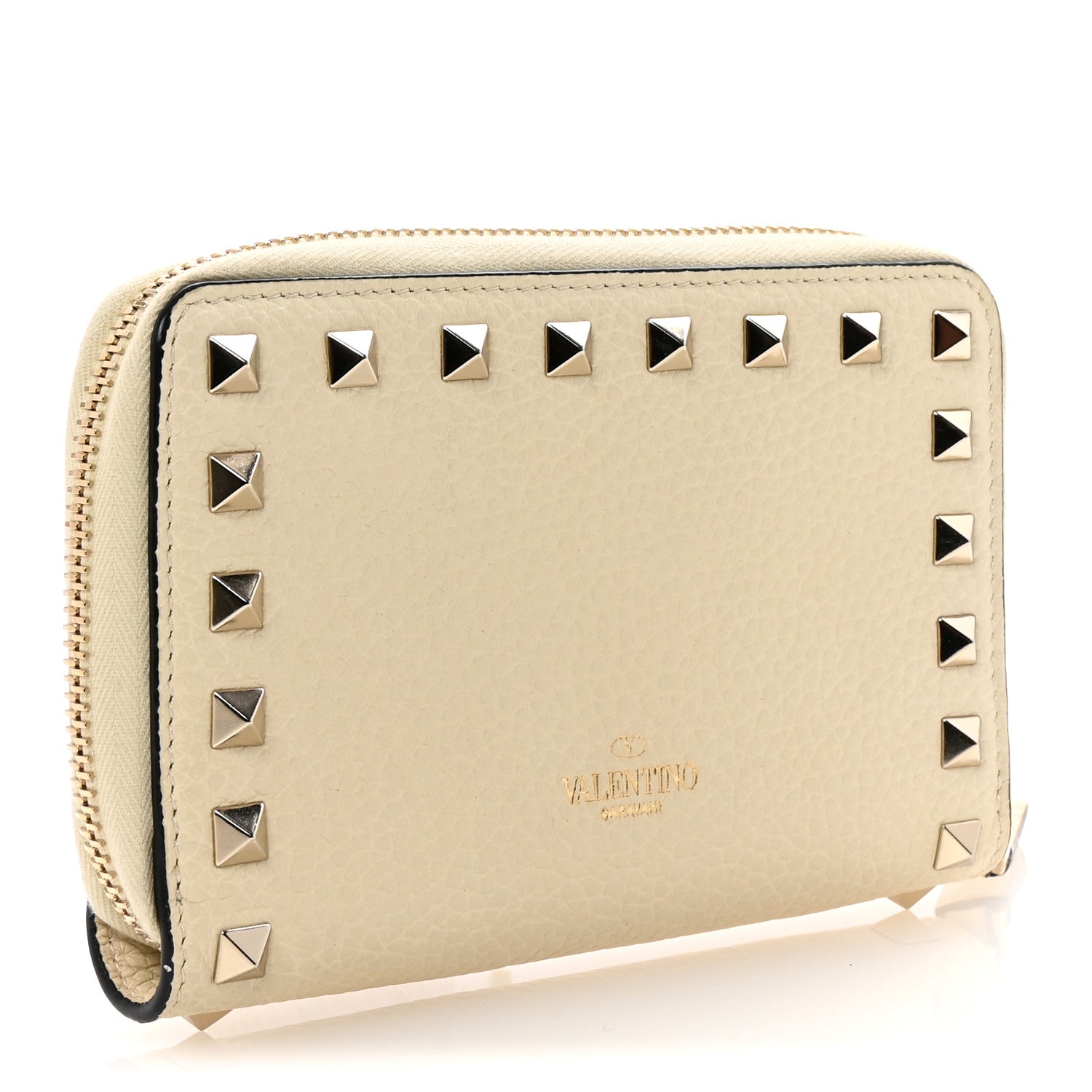 Valentino Garavani Pebbled Calfskin Rockstud Compact Zip Around Wallet Light Ivory 3 of 7