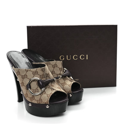 Gucci Monogram Cellarius Soft Calfskin Icon Bit Platform Clog High Heel Slide Sandals 40 Beige Ebony Cocoa 10 of 10