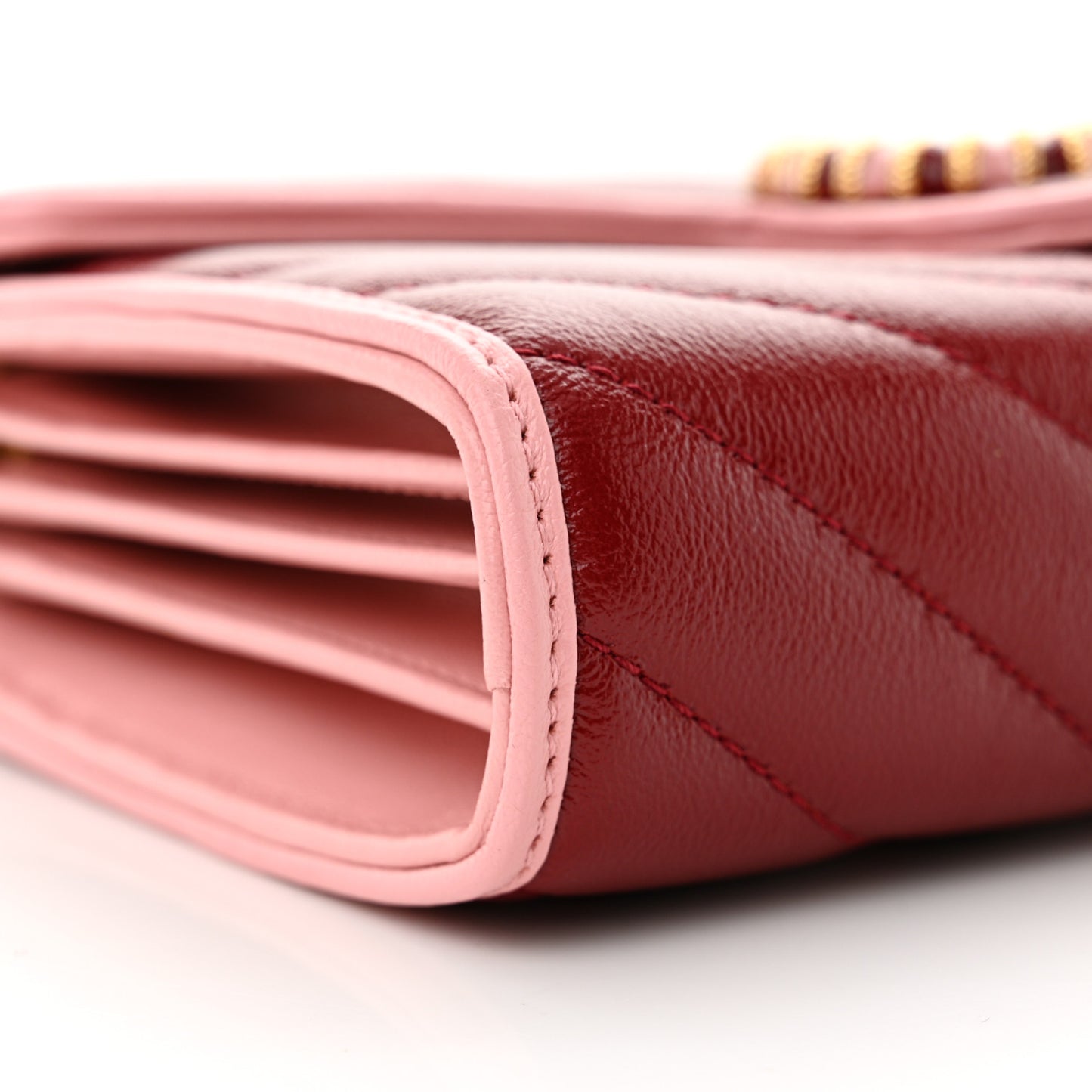 Azalea Calfskin Enamel Matelasse Diagonal Torchon GG Marmont Chain Wallet New Cherry Red Wild Rose