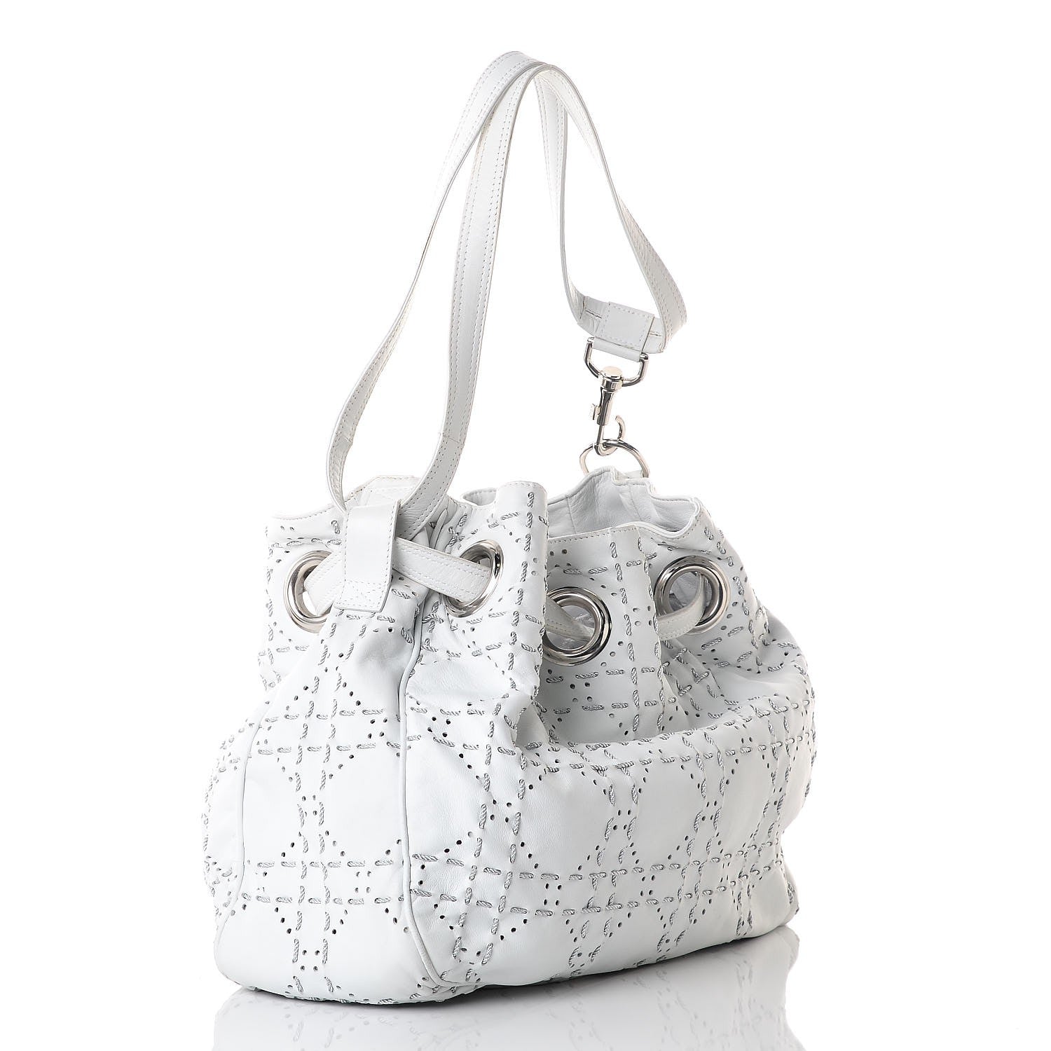Christian Dior Lambskin Stitched Cannage Drawstring Bag White 3 of 13