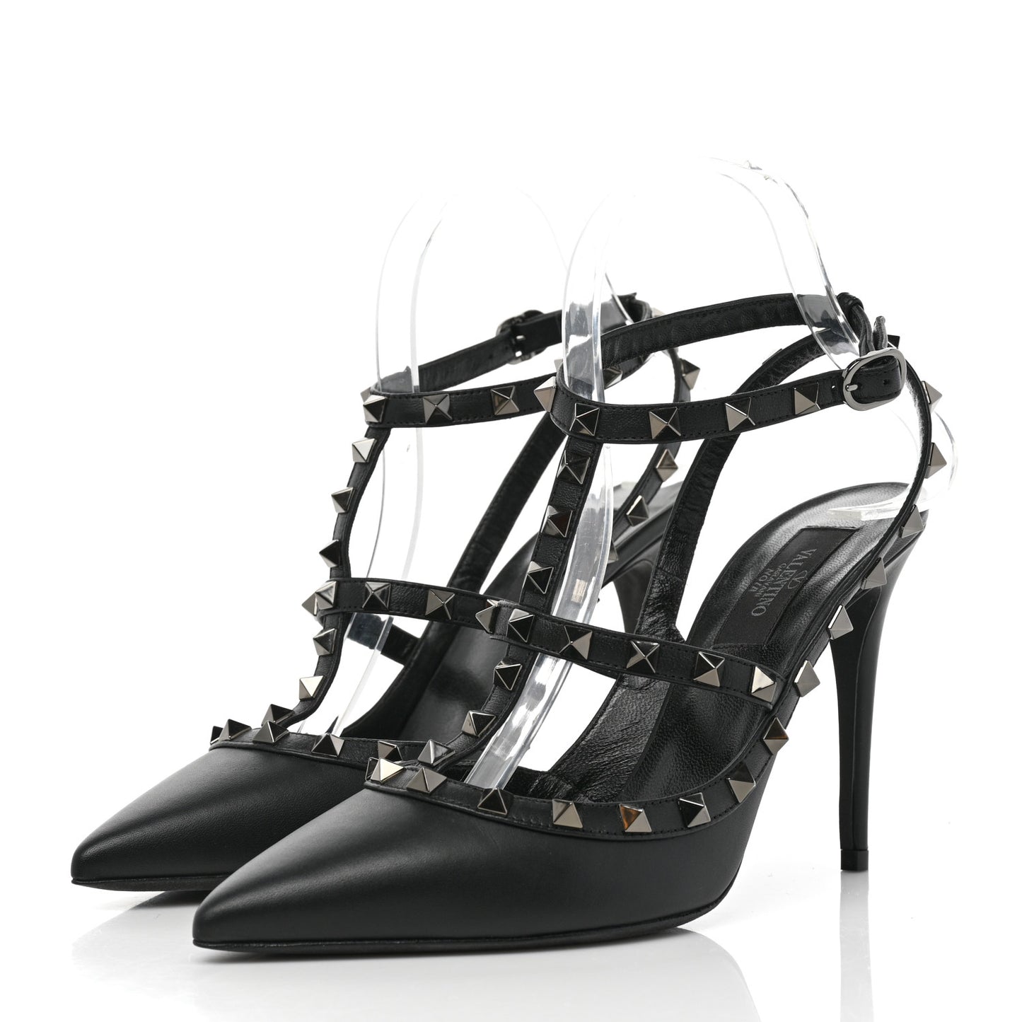 Calfskin Nappa Rockstud Ankle Strap 100mm Pumps 38.5 Black