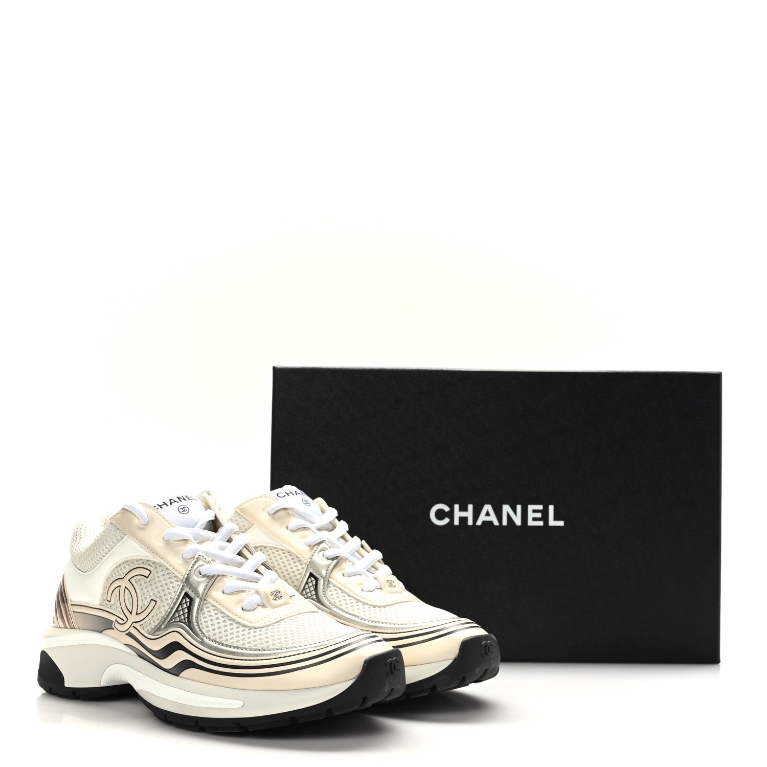Chanel Fabric Laminated Calfskin Stretch CC Womens Sneakers 38 Ivory White Silver 8 of 8
