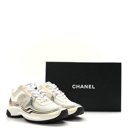 Chanel Fabric Laminated Calfskin Stretch CC Womens Sneakers 38 Ivory White Silver 8 of 8