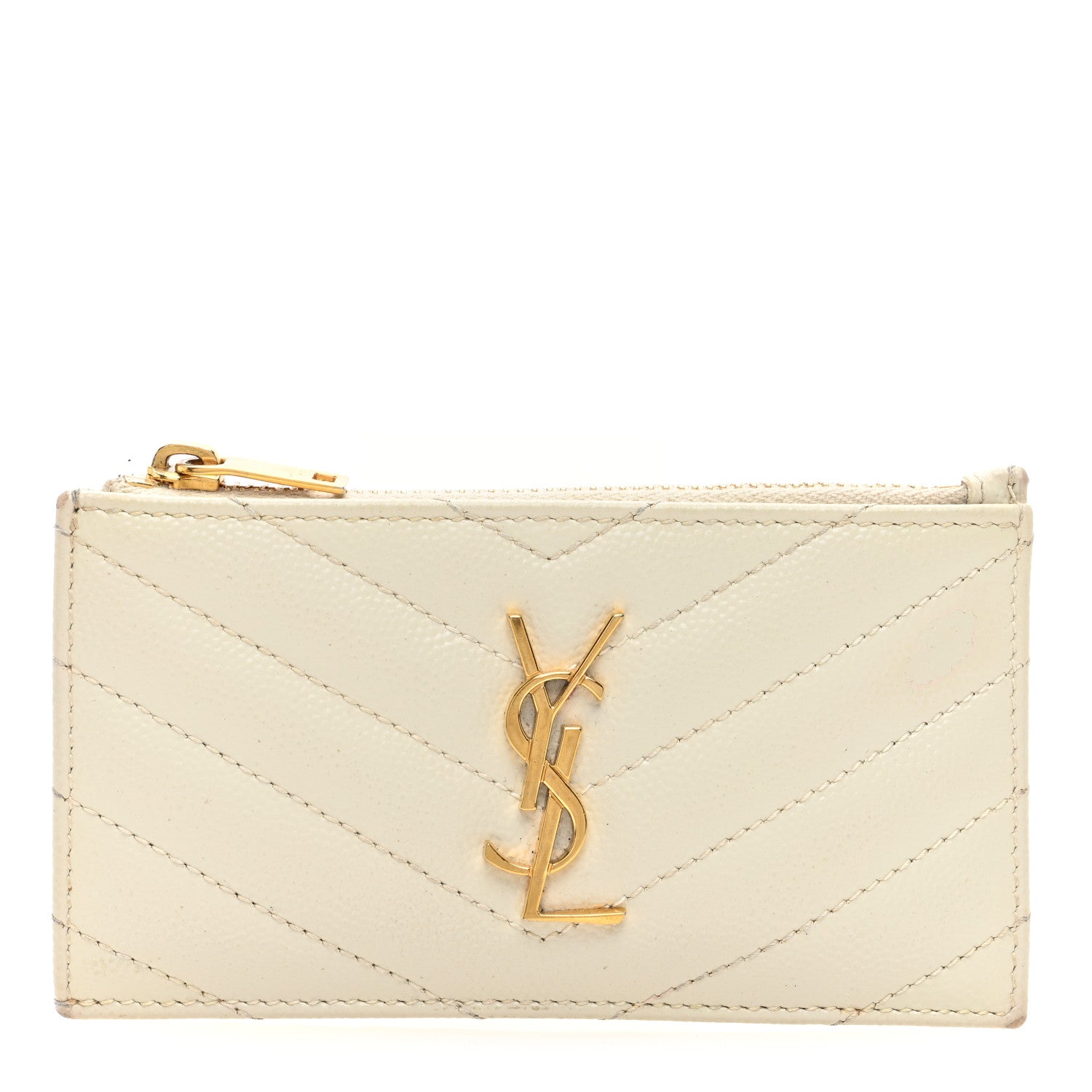 Saint Laurent Grain De Poudre Matelasse Chevron Monogram Fragments Zippered Card Case Crema Soft 1 of 8