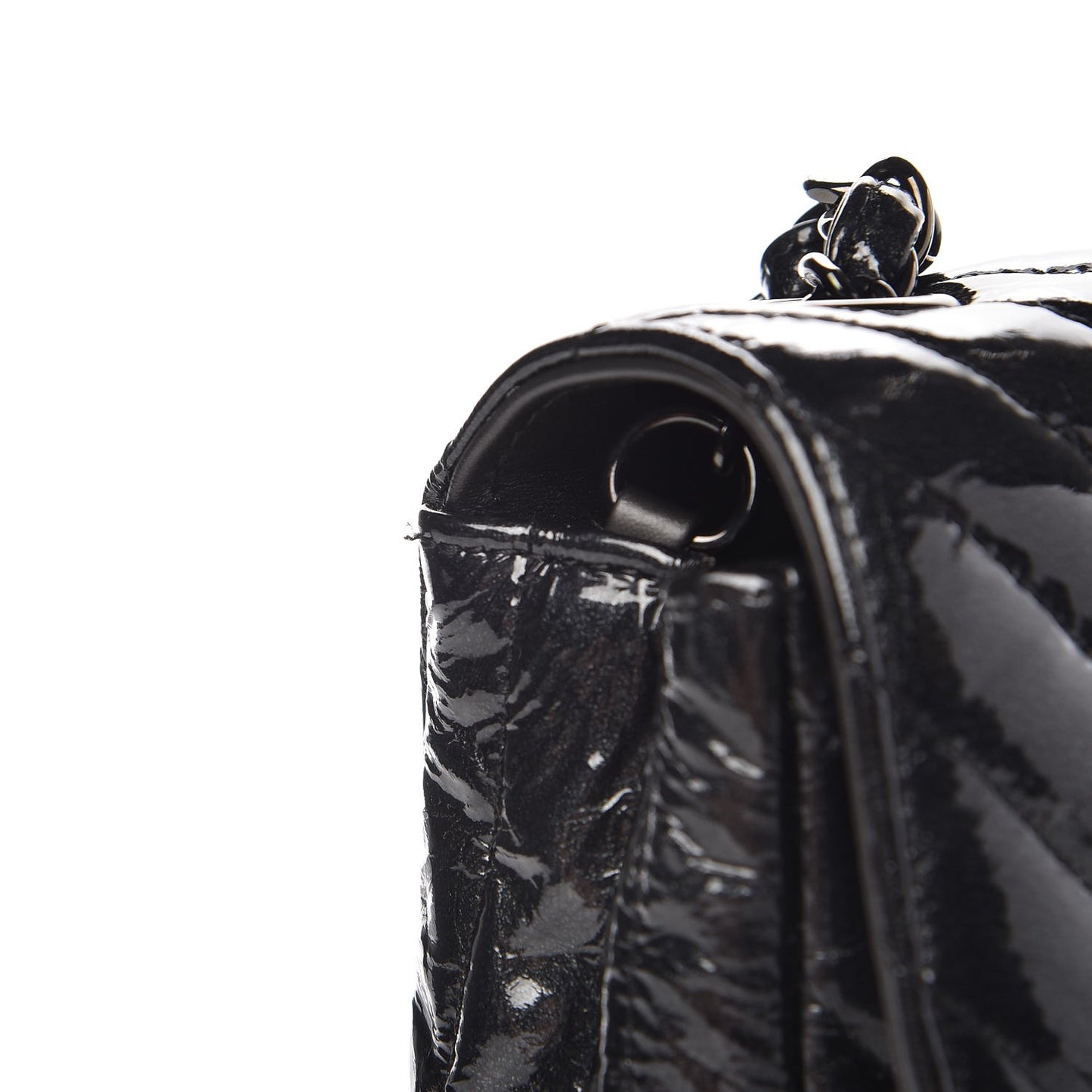 Patent Metallic Crumpled Calfskin Chevron Quilted Mini Rectangular Flap So Black