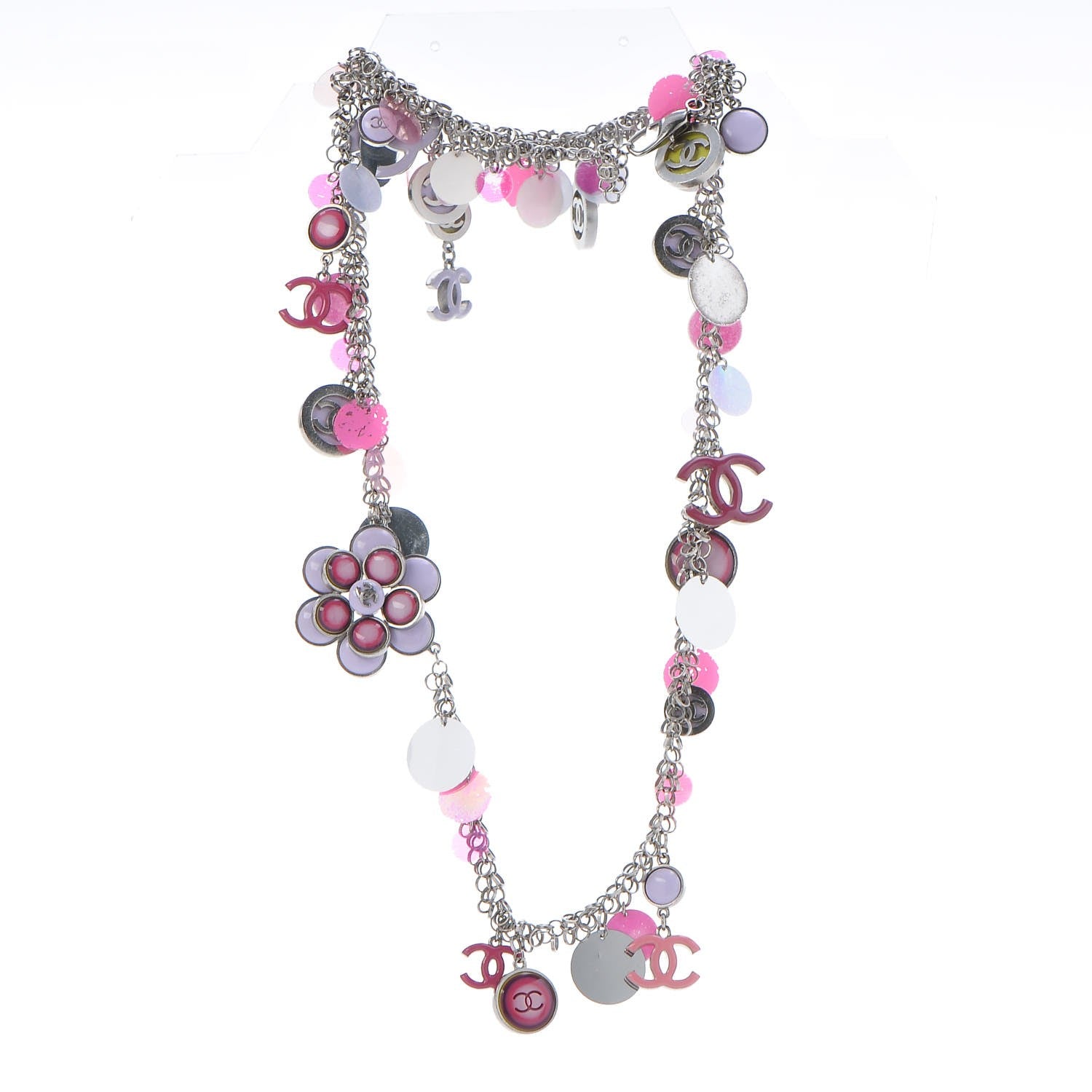 Chanel Enamel Plastic Flower Disc CC Necklace Pink Silver 4 of 12
