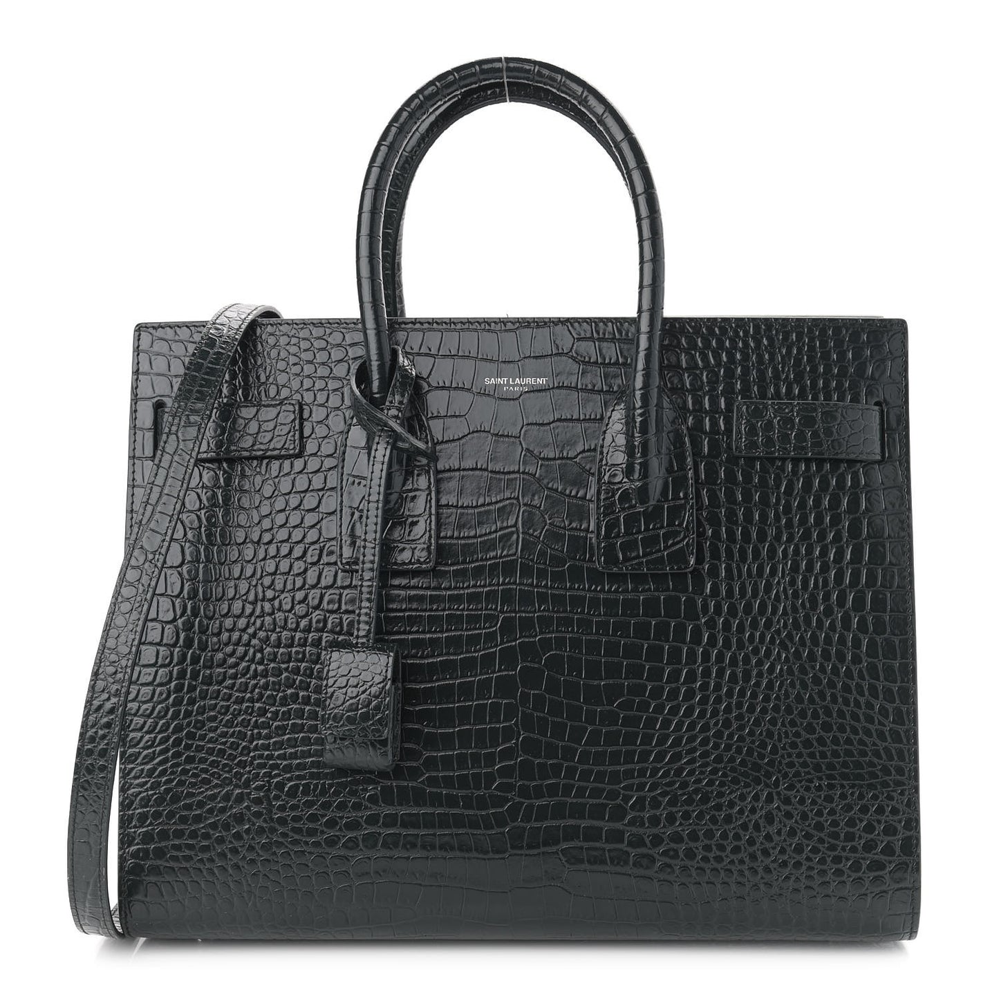 Patent Crocodile Embossed Small Sac de Jour Black