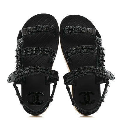 Chanel Laminated Goatskin Chain Sandals 35 Black 2 of 9