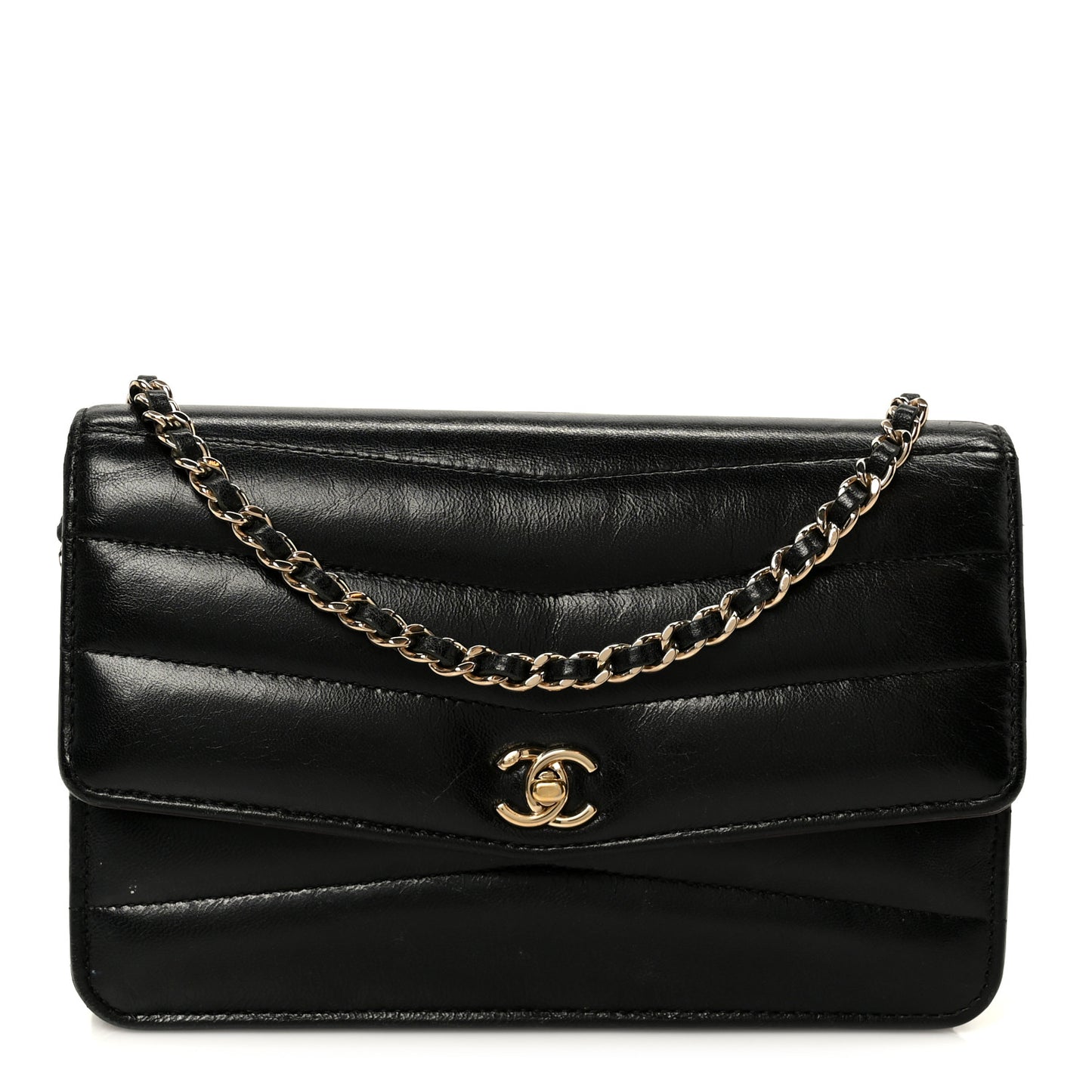 Lambskin Chevron Quilted Wallet On Chain WOC Black