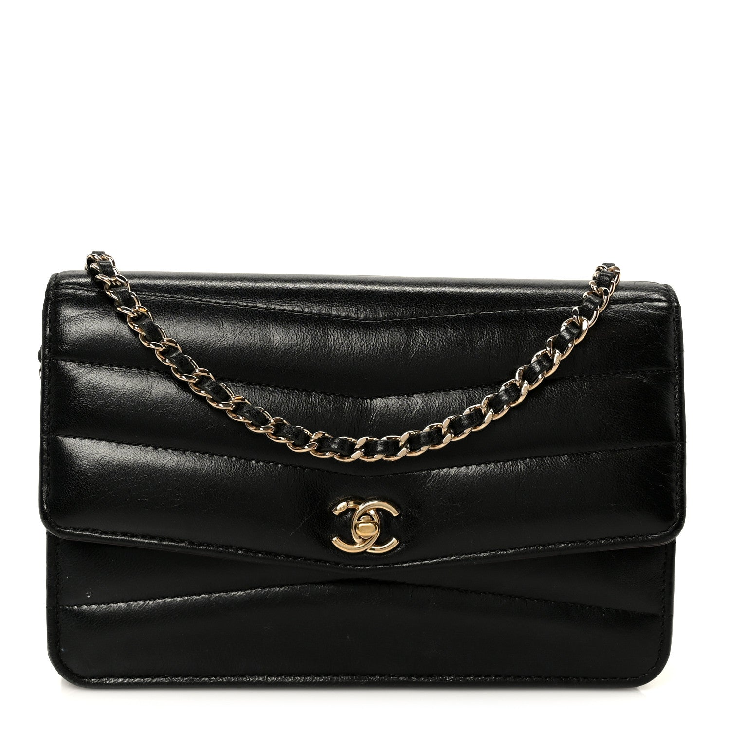 Chanel Lambskin Chevron Quilted Wallet On Chain WOC Black 1 of 11