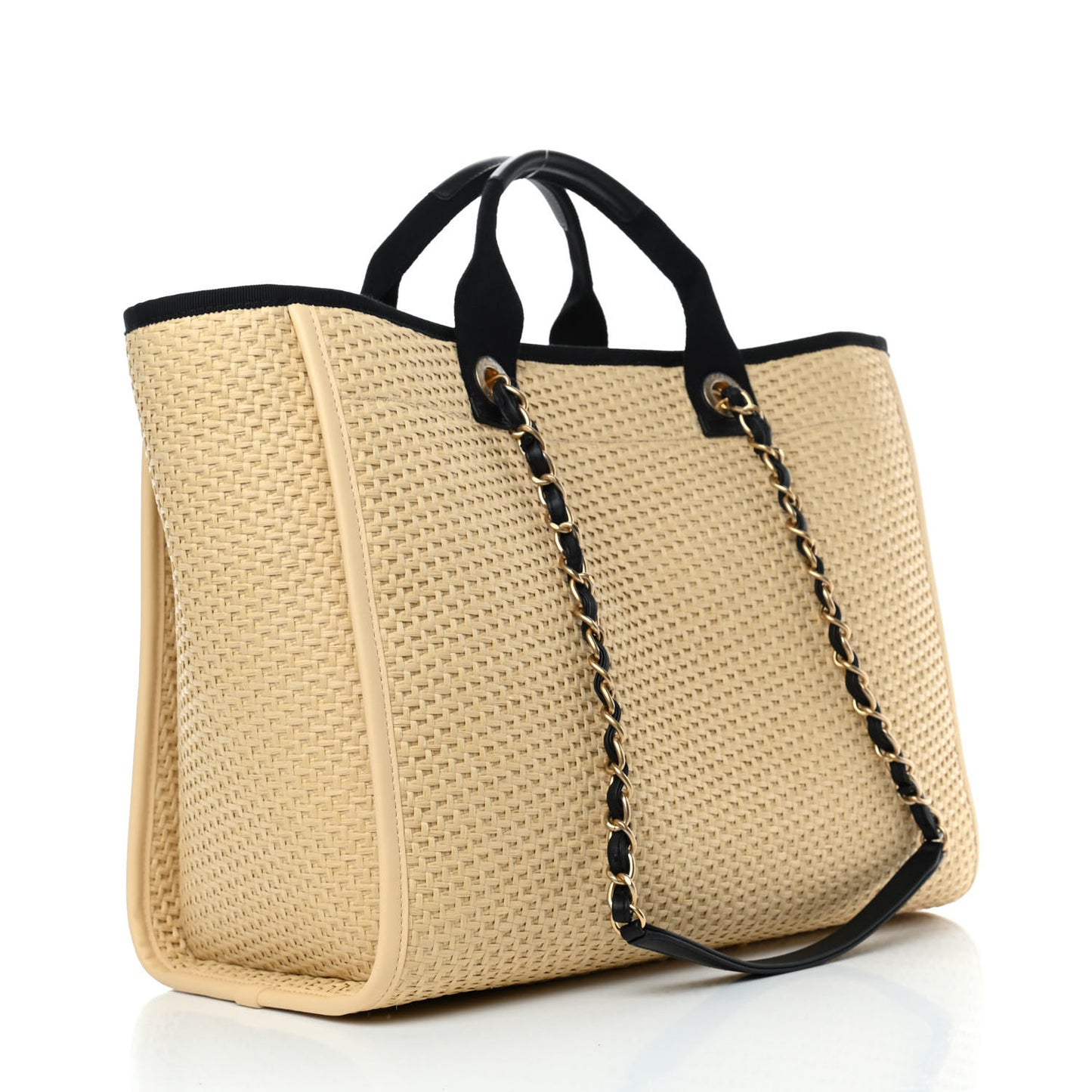Straw Raffia Calfskin Chain Medium Deauville Tote Beige Black