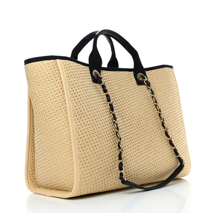Chanel Straw Raffia Calfskin Chain Medium Deauville Tote Beige Black 3 of 10