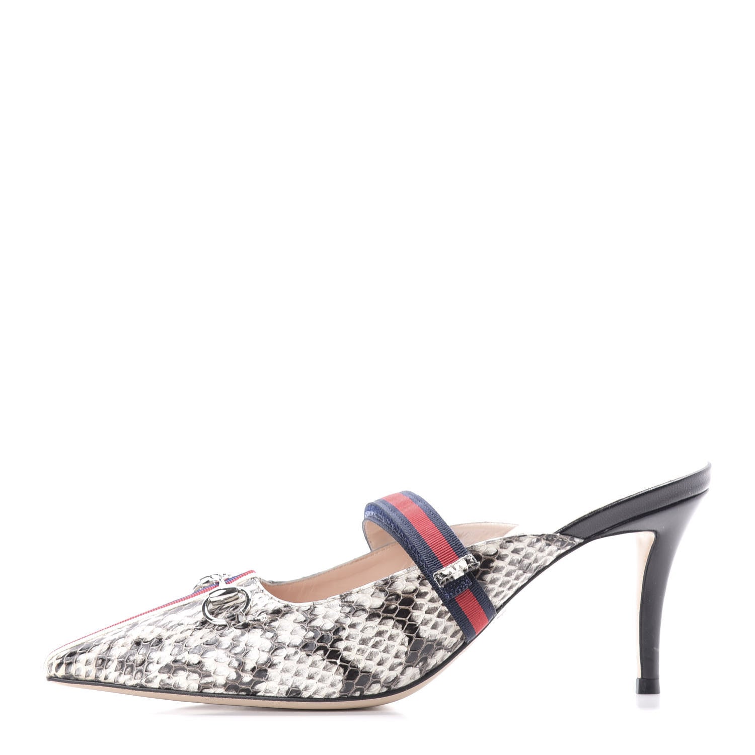 Gucci Elaphe Snakeskin Sylvie Web Cross Strap Mid-Heel Slides 38.5 New Roccia 1 of 10