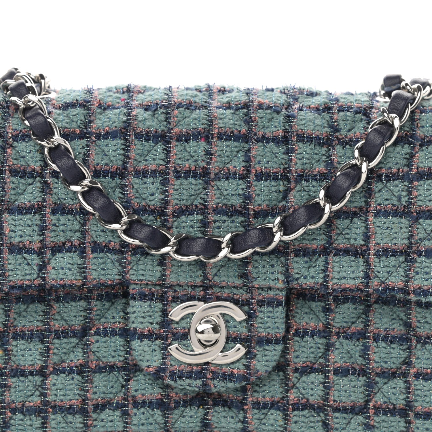 Chanel Tweed Quilted Mini Rectangular Flap Green Navy Dark Beige 7 of 10