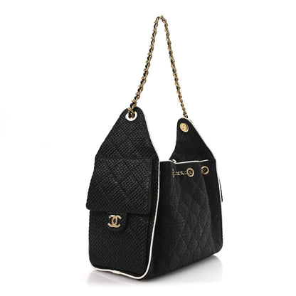 Chanel Braided Raffia Calfskin Small Chanel 25 Handbag Black White 4 of 19