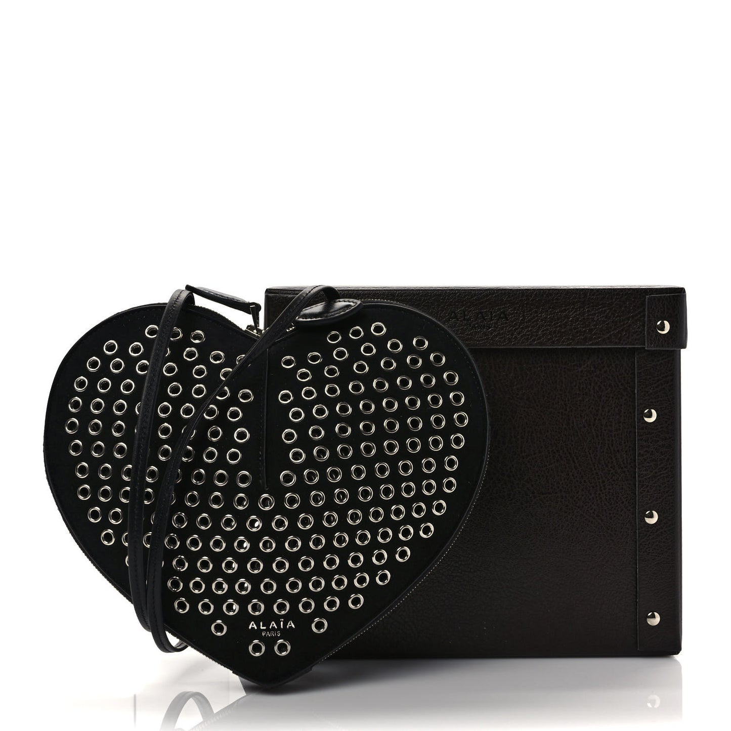 Suede Goatskin Grommet Studded Heart Shoulder Bag Black