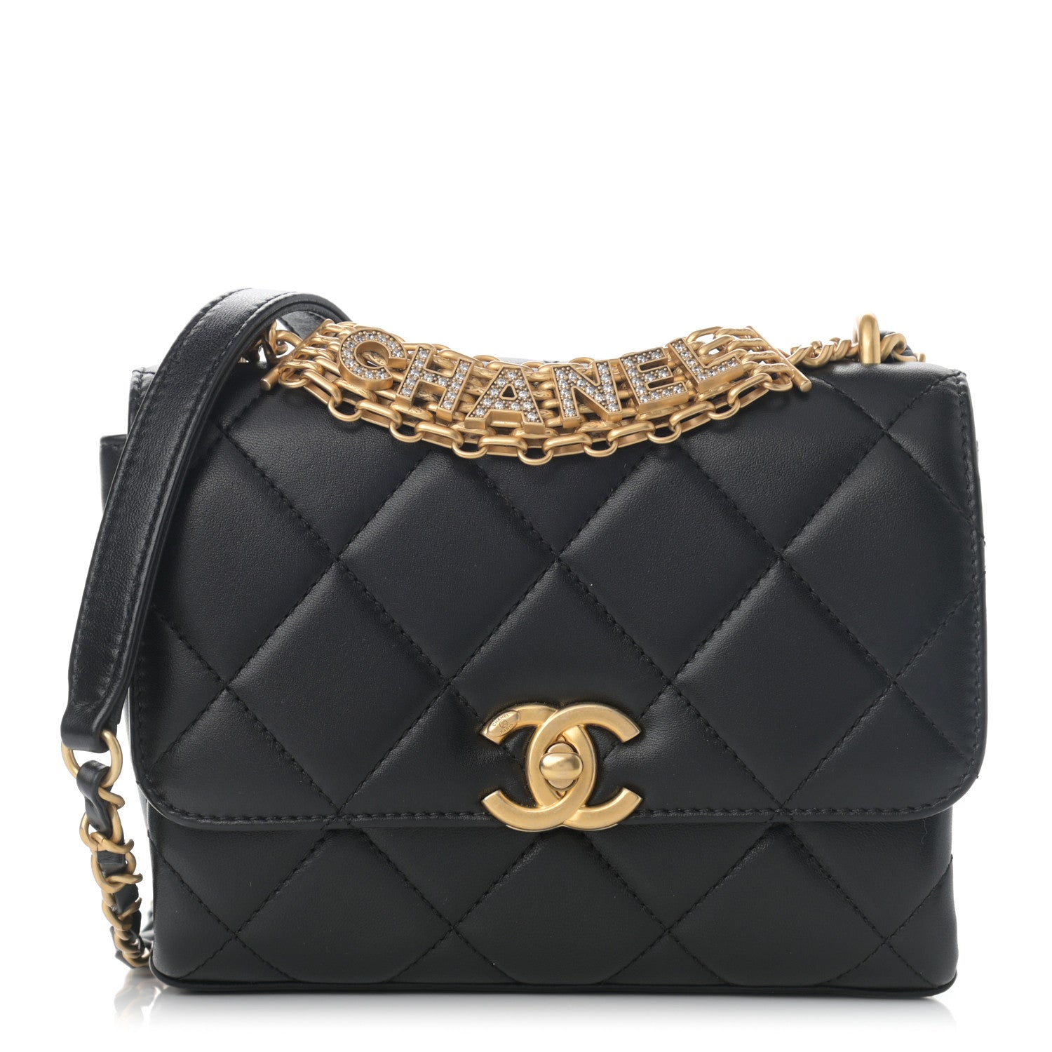 Chanel Lambskin Quilted Mini CC Crystal Logo Chain Flap Black 1 of 14