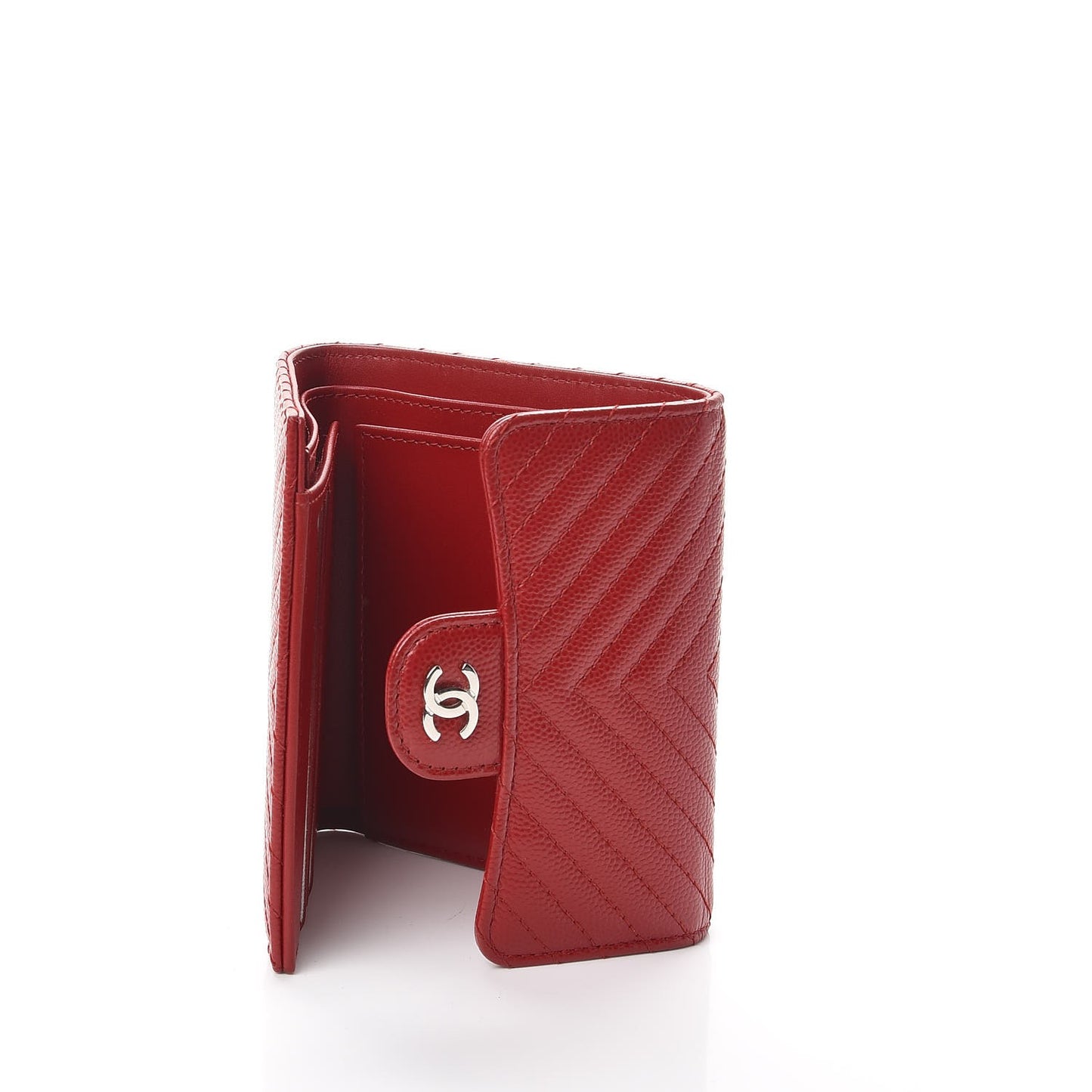 Caviar Chevron Quilted Compact Flap Wallet Dark Red