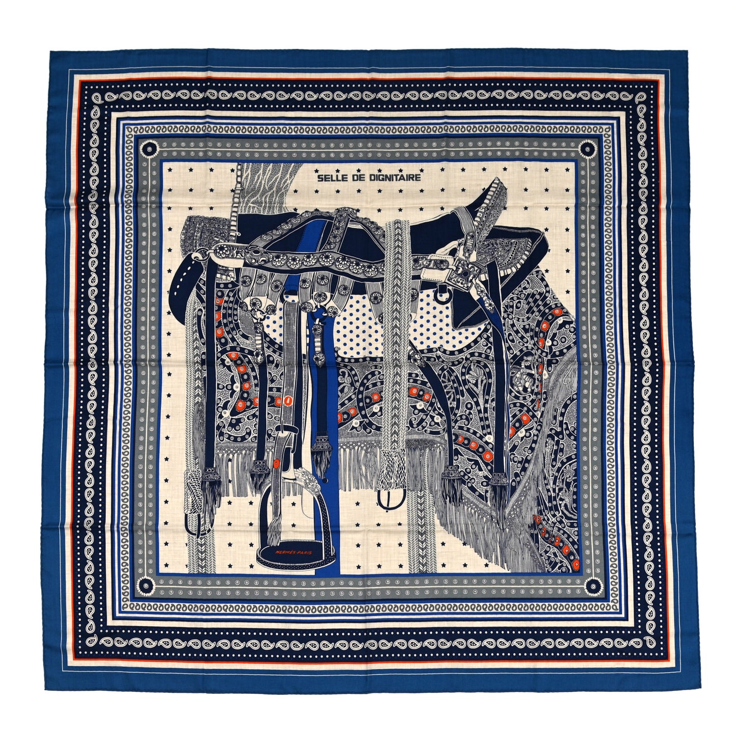 Cashmere Selle De Dignitaire Bandana Shawl 140 Bleu Royal Marine