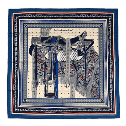 Hermes Cashmere Selle De Dignitaire Bandana Shawl 140 Bleu Royal Marine 1 of 5