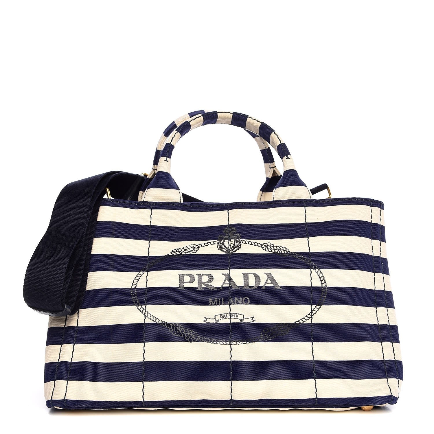 Prada Canapa Striped Logo Tote Navy 1 of 8