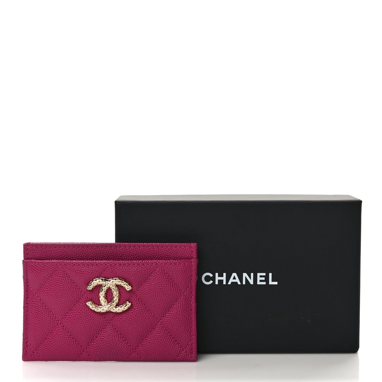 Caviar Quilted Chain Embossed CC Card Holder Fuchsia