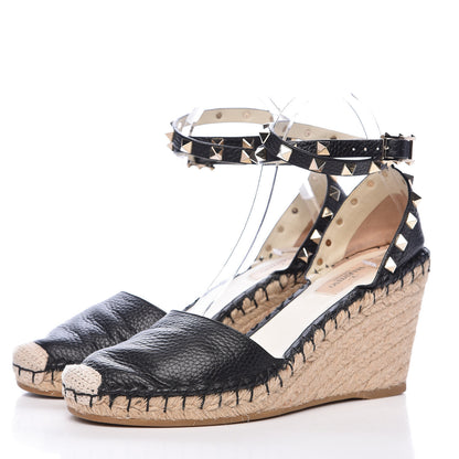 Valentino Garavani Grained Calfskin Rockstud Ankle Wrap Espadrille 15/85mm Wedges 38 Black Light Ivory 3 of 10
