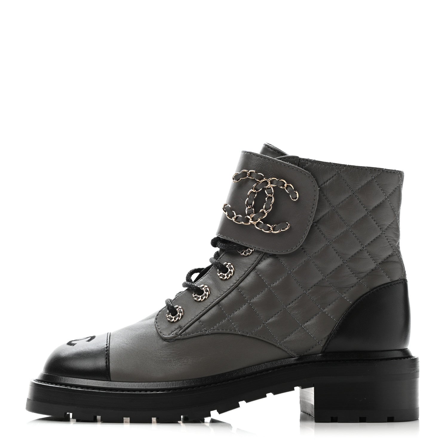Chanel Shiny Lambskin Quilted Lace Up Combat Boots 38.5 Grey Black 1 of 13