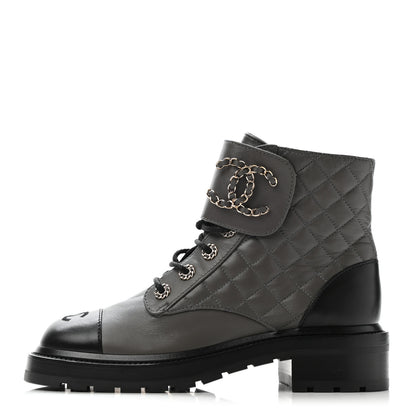 Chanel Shiny Lambskin Quilted Lace Up Combat Boots 38.5 Grey Black 1 of 13