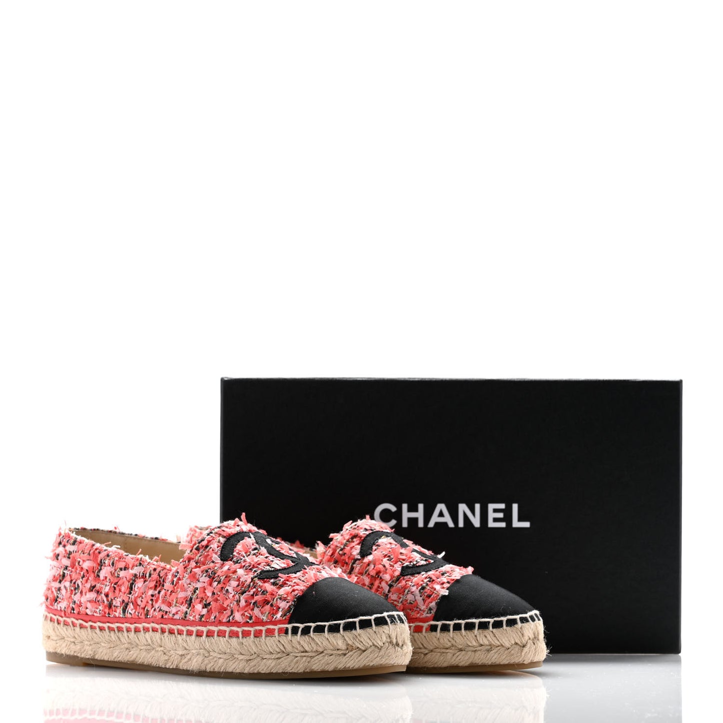 Tweed Grosgrain CC Espadrilles 38 Coral Red Pink Black
