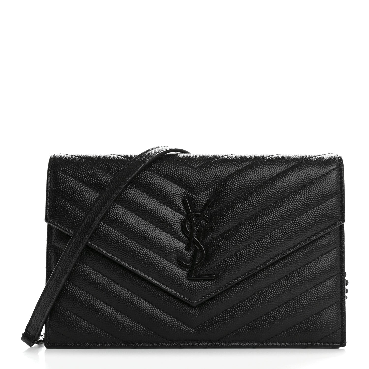 Saint Laurent Grain De Poudre Matelasse Chevron Monogram Monochrome Envelope Chain Wallet Black 1 of 12