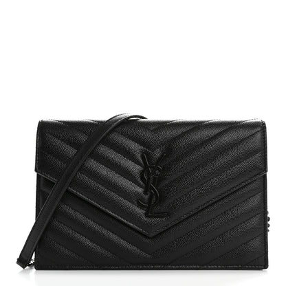 Saint Laurent Grain De Poudre Matelasse Chevron Monogram Monochrome Envelope Chain Wallet Black 1 of 12