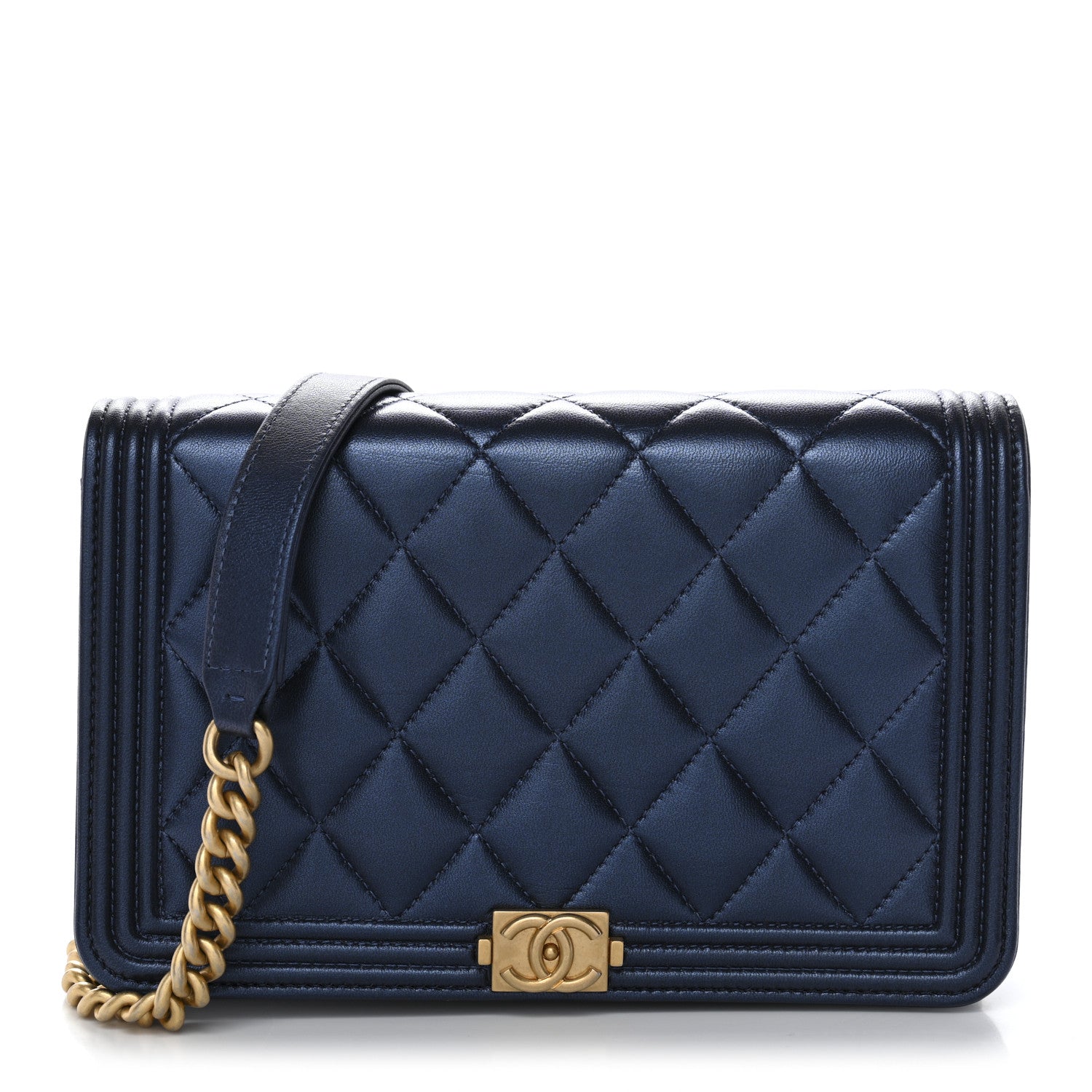 Chanel Metallic Calfskin Quilted Boy Wallet On Chain WOC Navy Blue 1 of 11