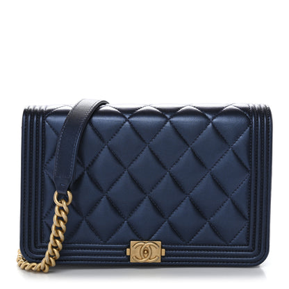 Chanel Metallic Calfskin Quilted Boy Wallet On Chain WOC Navy Blue 1 of 11