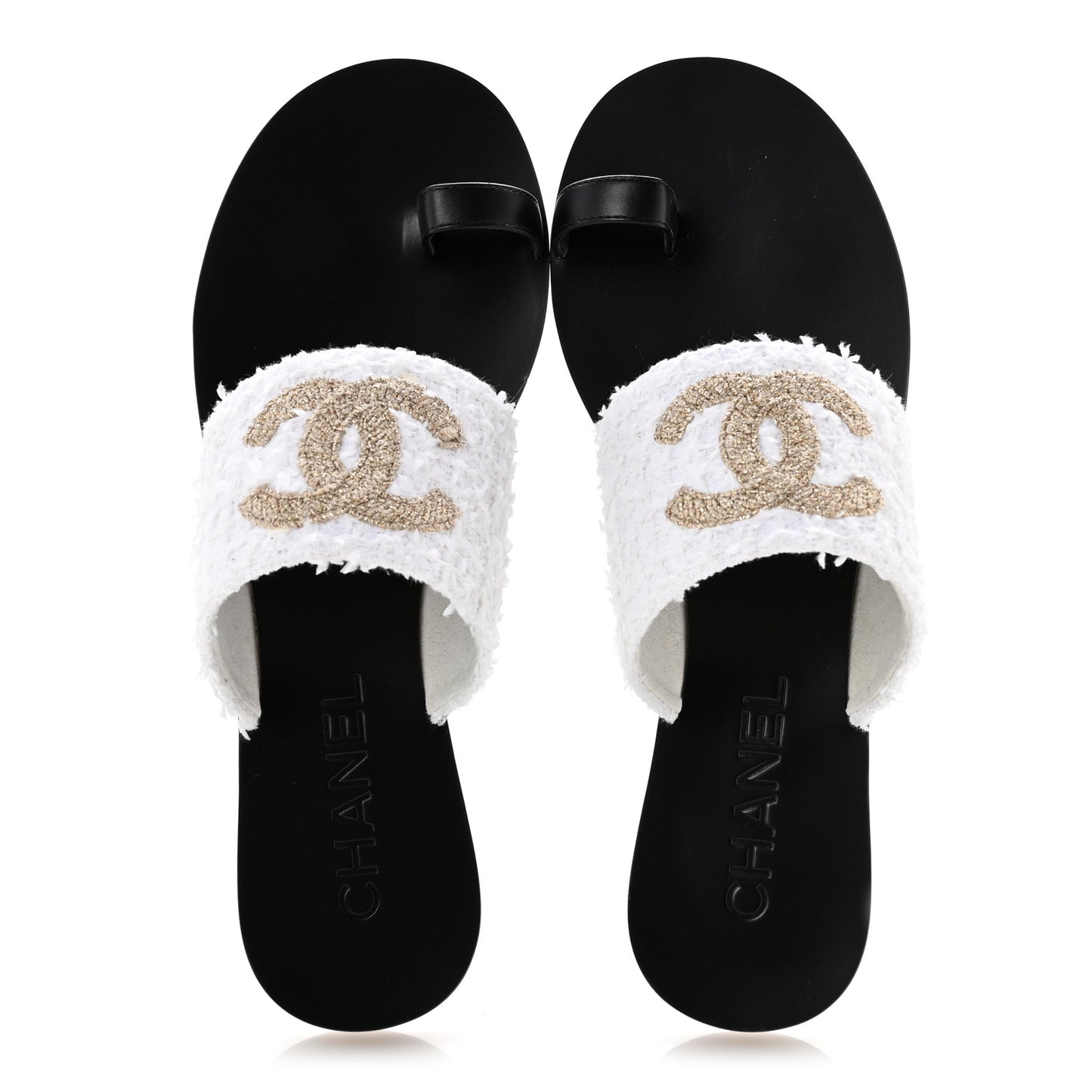 Cotton Tweed Fabric Lambskin CC Thong Sandal 40 White Gold Black