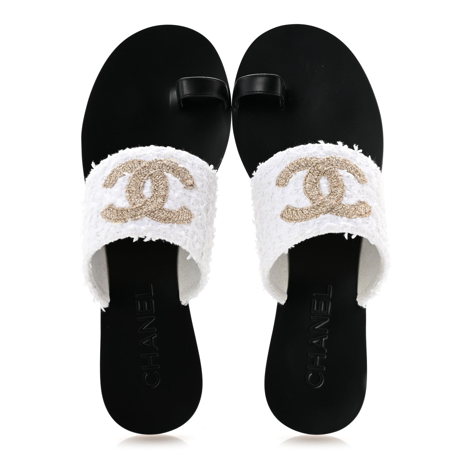 Chanel Cotton Tweed Fabric Lambskin CC Thong Sandal 40 White Gold Black 2 of 10