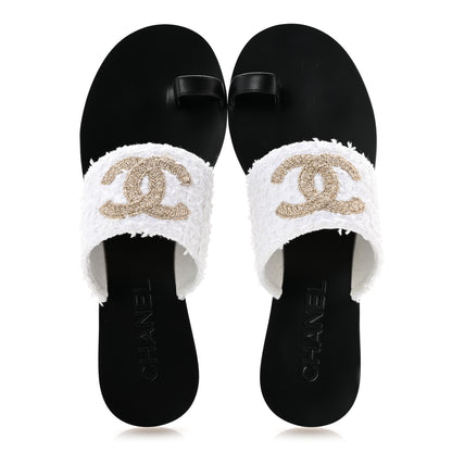 Chanel Cotton Tweed Fabric Lambskin CC Thong Sandal 40 White Gold Black 2 of 10