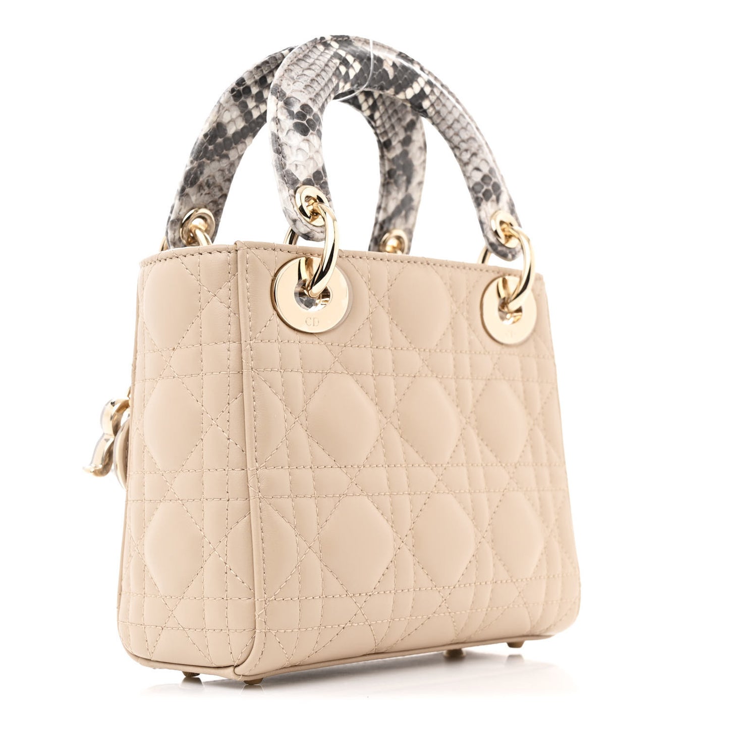 Lambskin Snakeskin Top Handle Cannage Mini Lady Dior Light Beige Multicolor