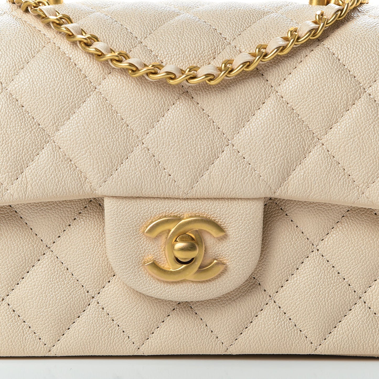 Caviar Quilted Mini Top Handle Rectangular Flap Beige