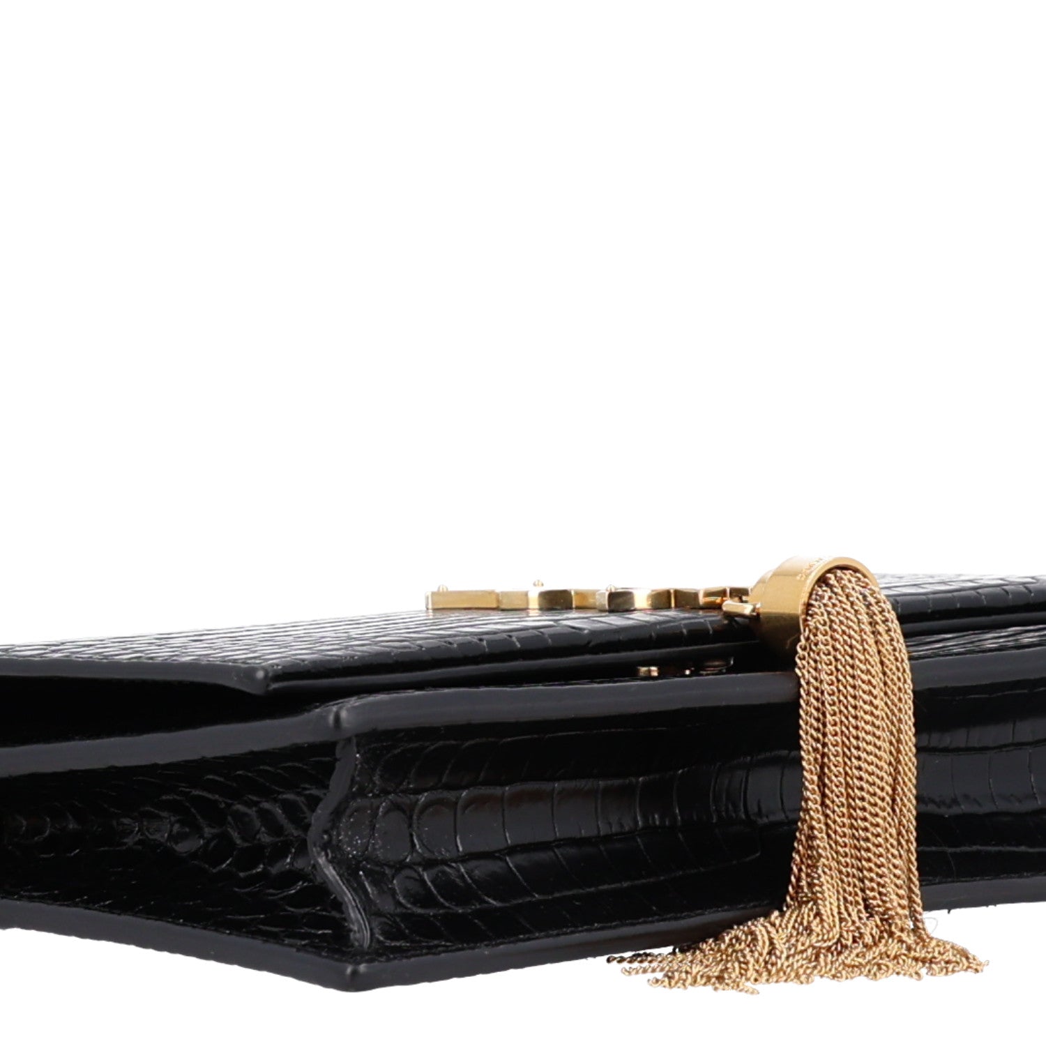 Saint Laurent Calfskin Crocodile Embossed Kate Monogram Tassel Chain Wallet Black 9 of 10
