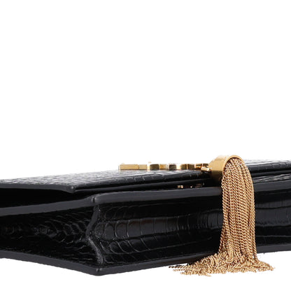 Saint Laurent Calfskin Crocodile Embossed Kate Monogram Tassel Chain Wallet Black 9 of 10