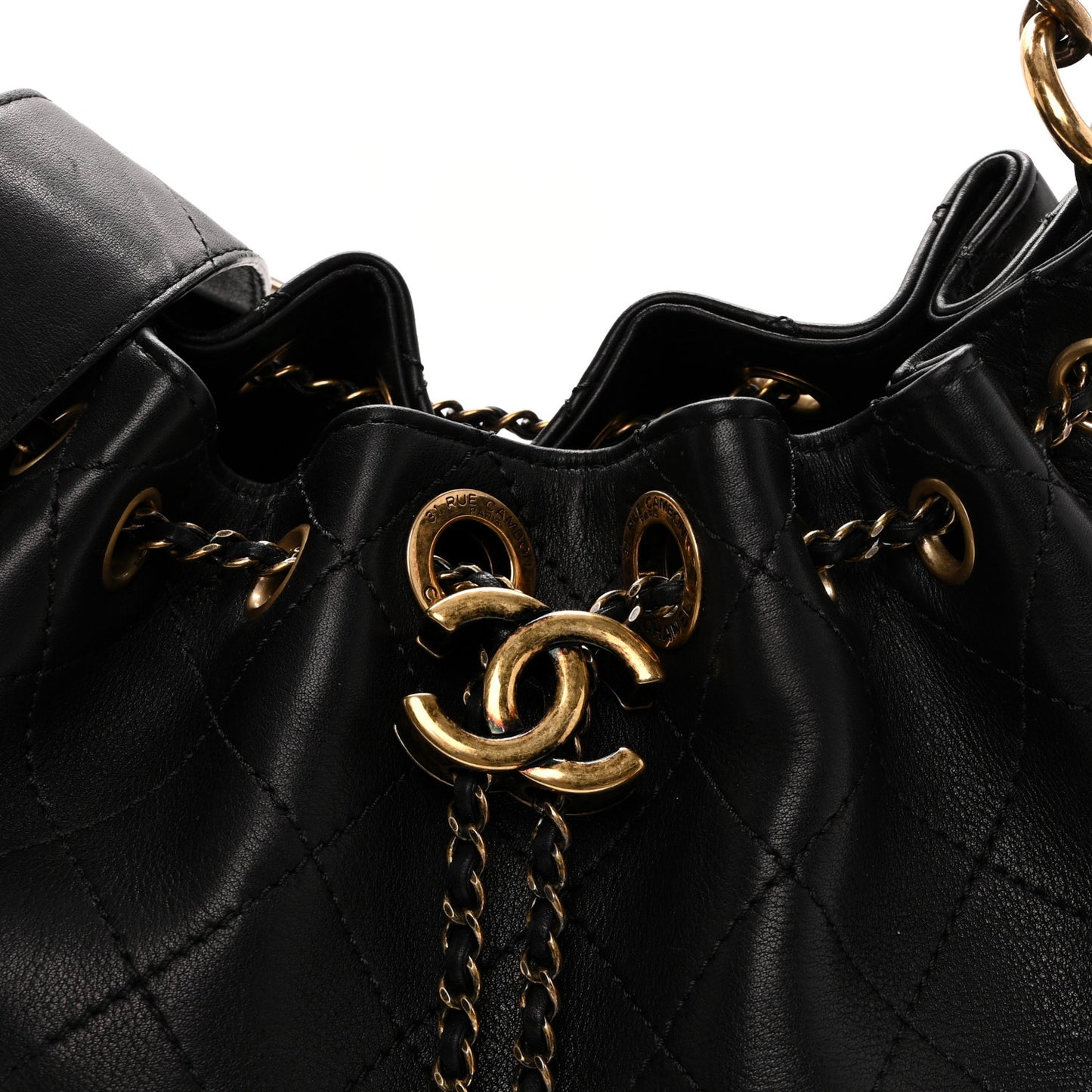 Calfskin Stitched Small Paris Rome Drawstring CC Bag Black