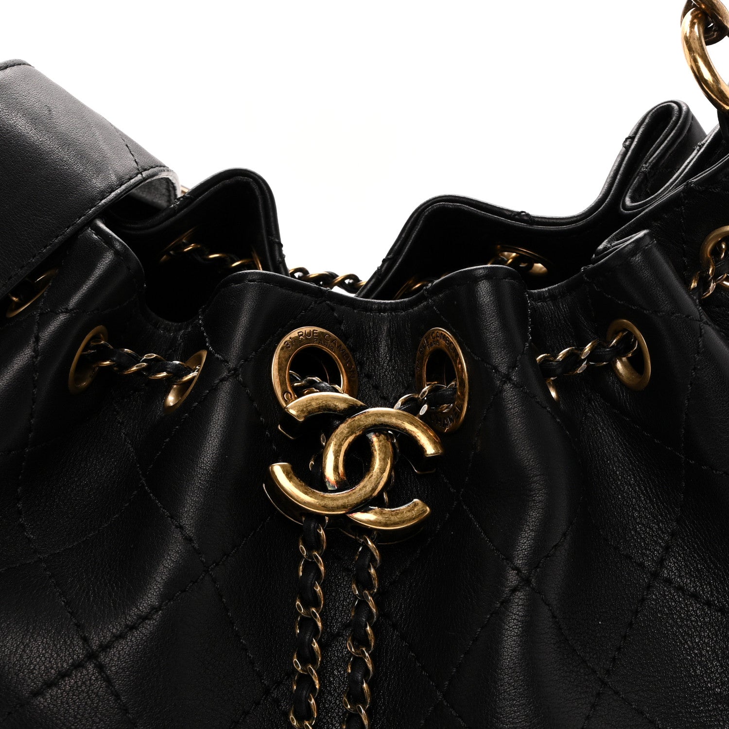 Chanel Calfskin Stitched Small Paris Rome Drawstring CC Bag Black 8 of 10