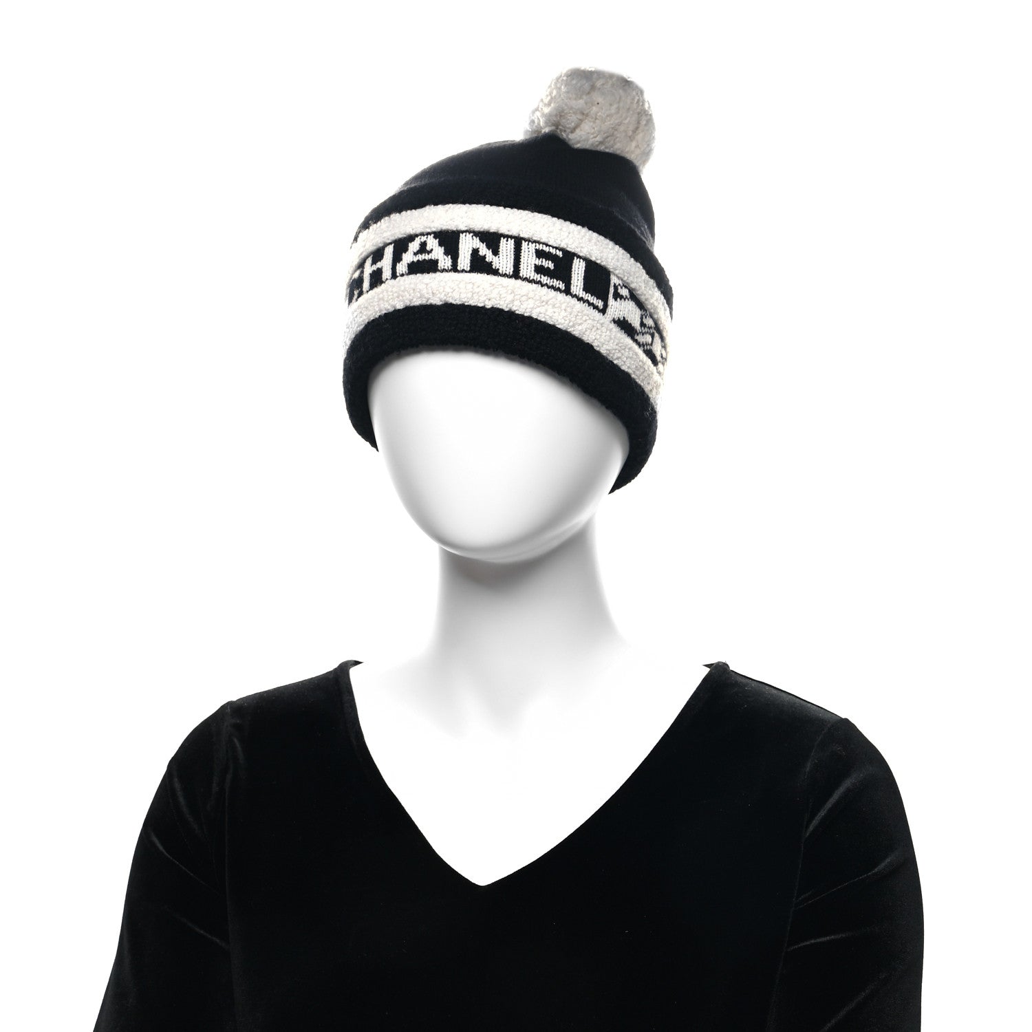 Chanel Cashmere CC Beanie Hat Ecru Black 2 of 5