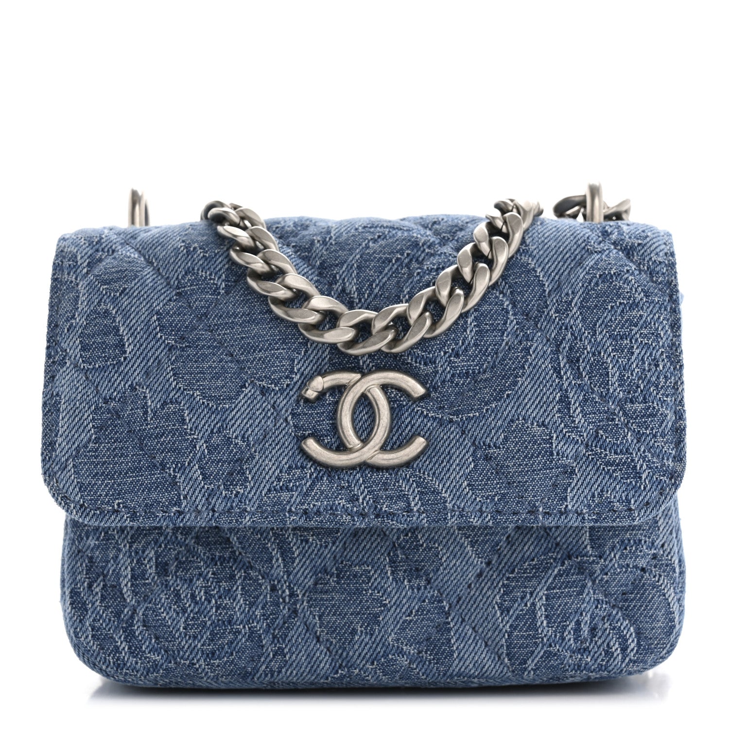 Chanel Denim Quilted Camellia Sweetheart Card Holder With Chain Blue 1 of 13