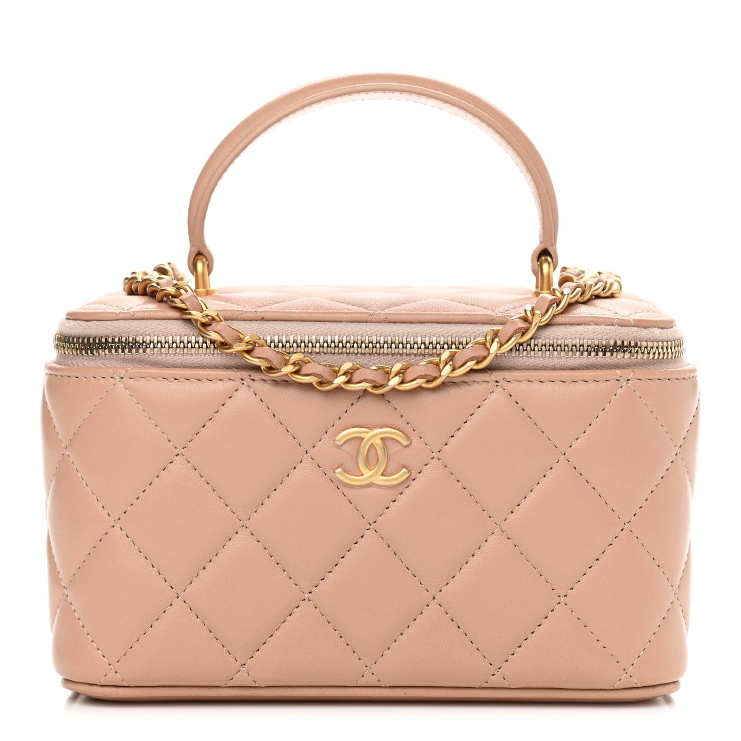 Lambskin Quilted Small Top Handle Vanity Case With Chain Beige