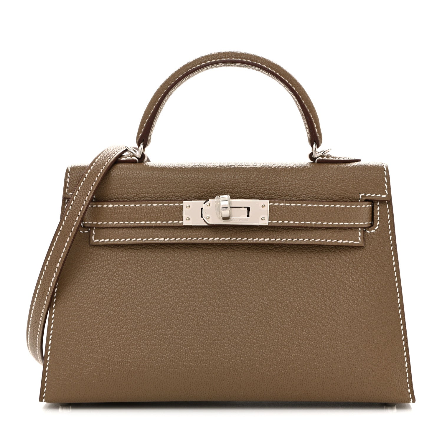 Hermes Chevre Mysore Verso Mini Kelly Sellier 20 Etoupe New White 1 of 10