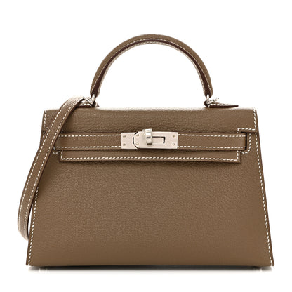 Hermes Chevre Mysore Verso Mini Kelly Sellier 20 Etoupe New White 1 of 10