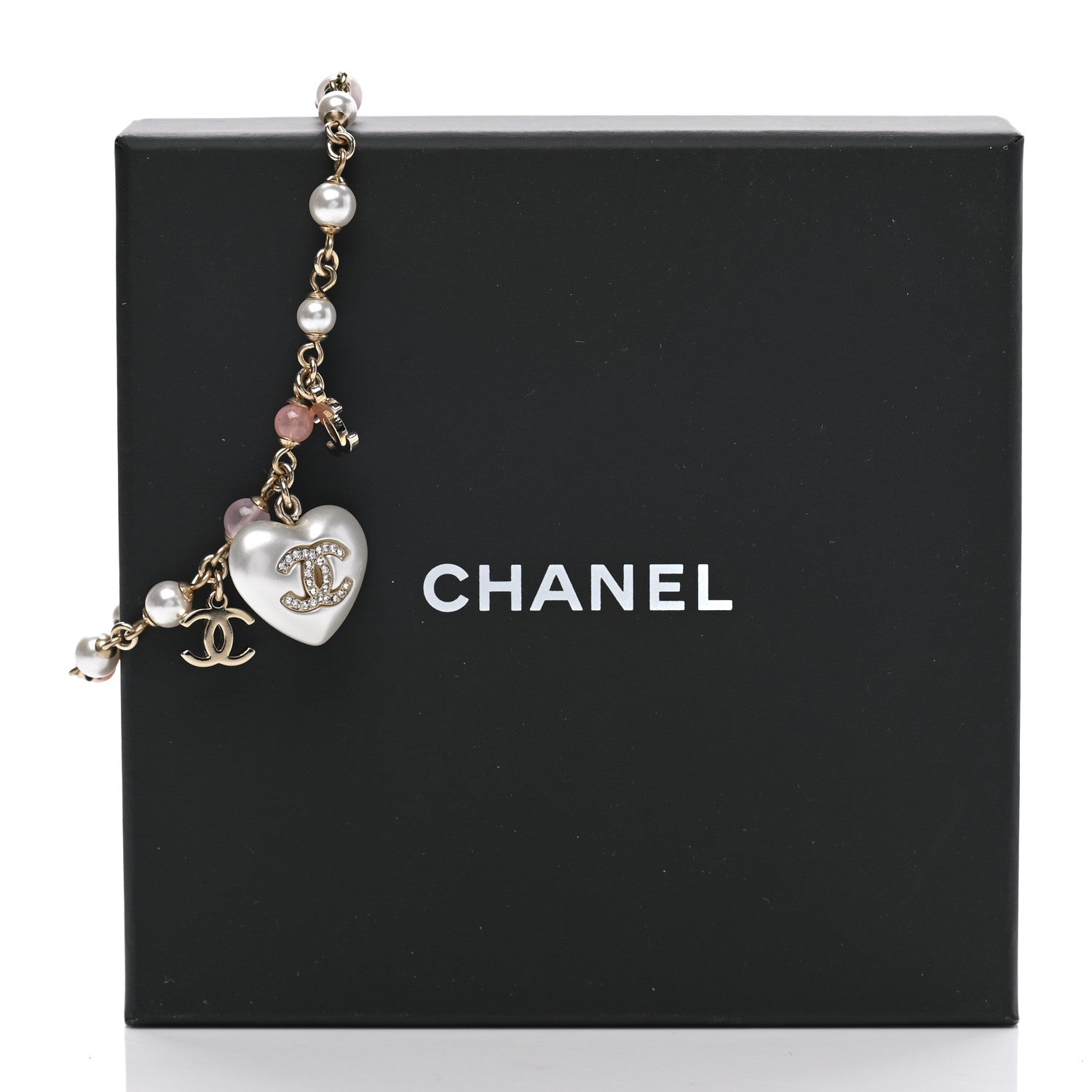 Chanel Pearl Crystal CC Heart Bracelet Pearly White Pink Gold 5 of 5